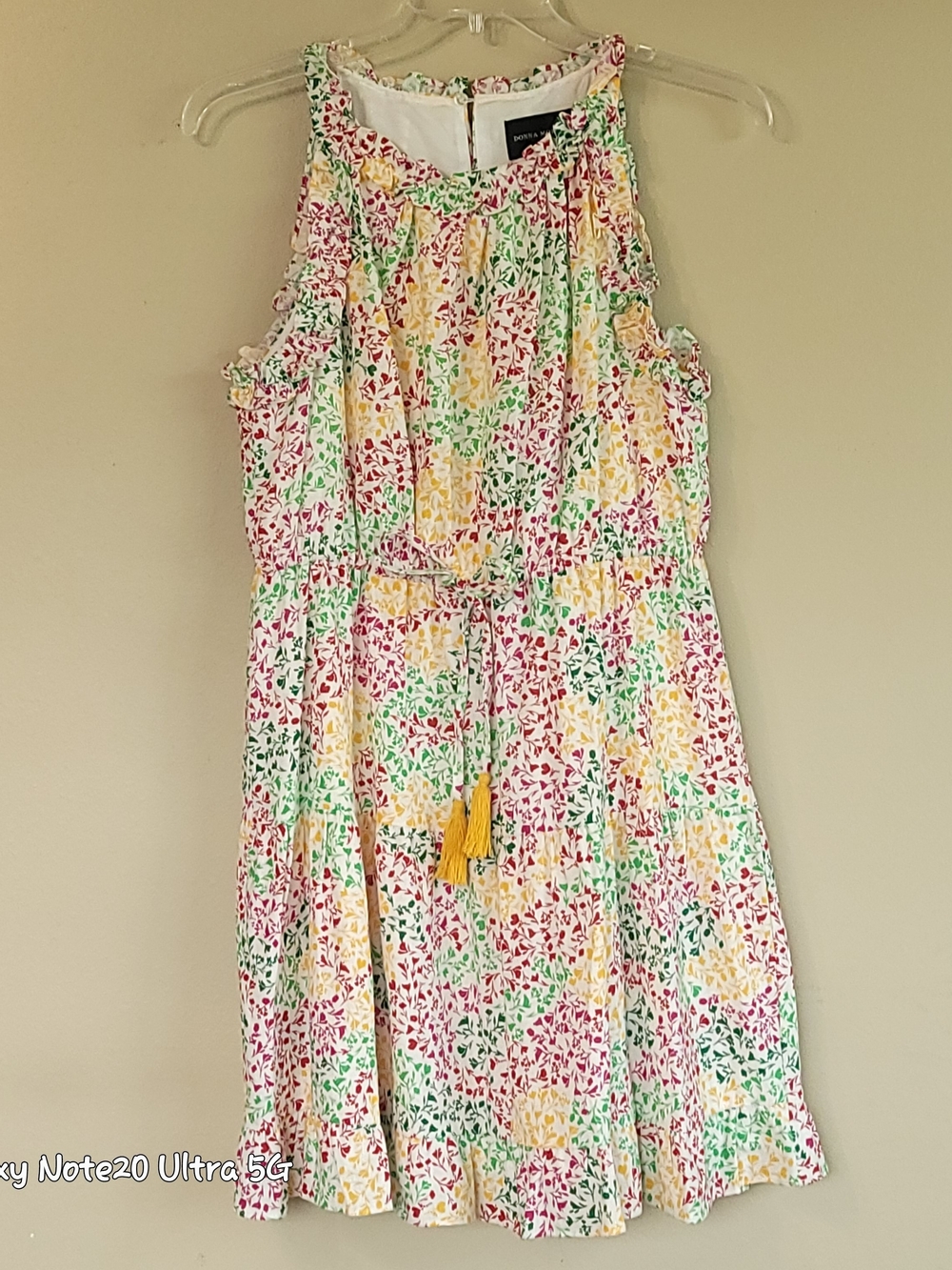 EUC Donna Morgan Linen Blend Ruffle Halter Dress Tassel Drawstring Floral Sz 14